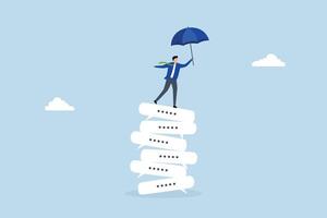 Chat dialogue, entrepreneur stands on a pile of dialogue speech bubbles. vector