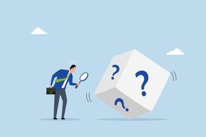 chance to win, entrepreneur using magnifying glass examines dice featuring question mark. vector