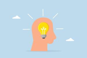 Wisdom, human head featuring glowing lightbulb symbolizing knowledge and learning. vector