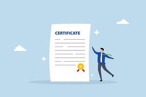 Certificate on taking course, joyful entrepreneur holding star certificate document for professional accomplishment. vector