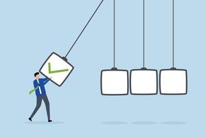Checklist, businessman holding completed checkbox to impact pendulum. vector