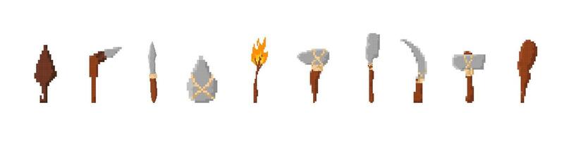 Pixel art tools and weapons. collection of primitive items with various designs vector