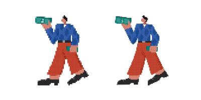 Pixel art style illustration of a person holding a camera in vibrant colors and retro fashion vector