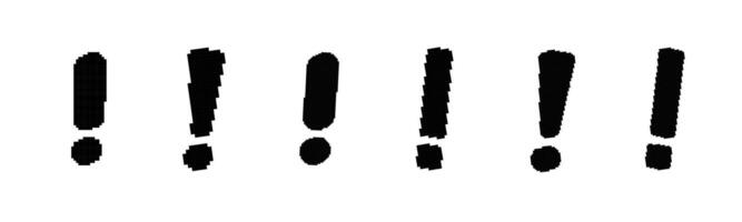 Pixelated black exclamation marks on white background, abstract glitch design vector