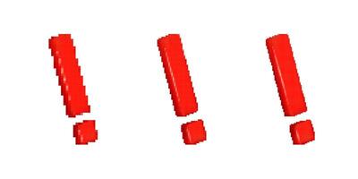 Pixelated red exclamation marks on white background, bold digital punctuation symbol with a glossy effect vector