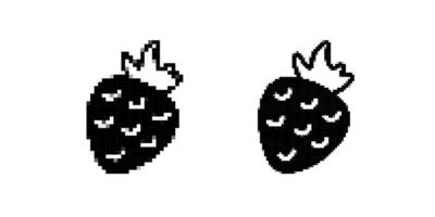 Pixel art strawberries in black and white with stylized leaves and simple detailing vector