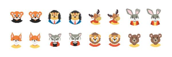Cute pixel art animals with unique outfits and various adorable details in colorful cartoon style vector