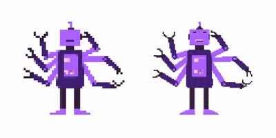 Pixel art purple robot with multiple arms displaying unique features and expression vector