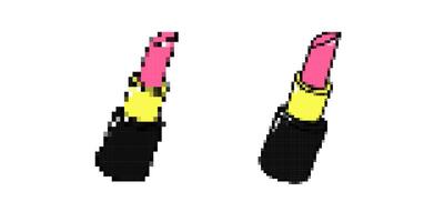 Two bright pink lipsticks with yellow cases on display in black containers vector