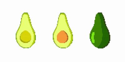 Pixel art style avocado halves and whole avocado with unique color variations vector