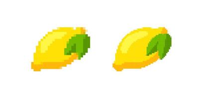 Pixel art lemons with green leaves show bright yellow color and simple geometric design vector