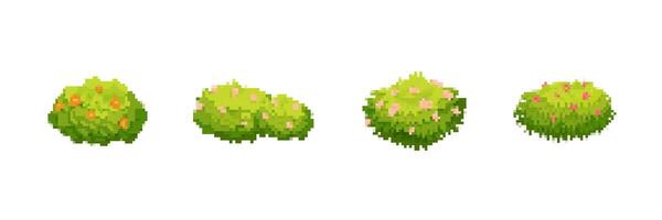 Pixel art green bushes with flowers in different shapes and sizes for game design assets vector