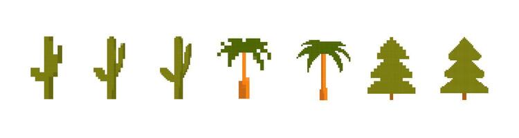 Pixel art collection of cacti and trees in simple green and brown design with varied shapes vector