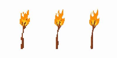 Three pixel art torches with bright flames in a row vector