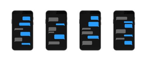 Smartphones displaying messaging apps with blue and gray chat bubbles on screen vector