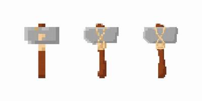 Three distinctive pixel art axes with wooden handles and metal blades displayed horizontally vector