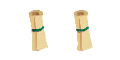 Rolled paper scrolls with green bands on blank surface in simple pixel art style vector