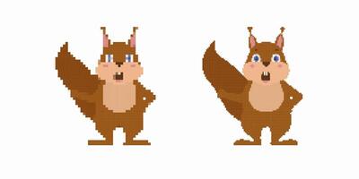 Pixel art squirrels with big tails standing with hands on hips facing forward vector