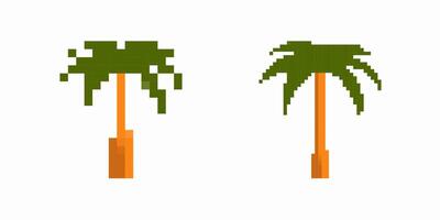 Pixel art palm trees with blocky green leaves and simple brown trunks in vintage game style vector