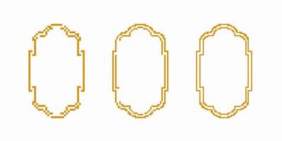 Three geometric pixel frames in gold with symmetrical curved designs and decorative elements vector