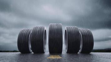 Loop car tires rolling on wet asphalt in the rain with a thunderstorm video