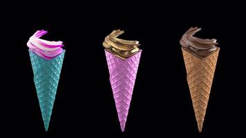 3 cream with waffle cone filling animation with alpha channel video