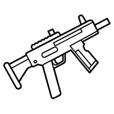 An automatic weapon is drawn in black and white