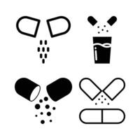 Medical Capsule Icons Set, Open Pills with Granules. vector