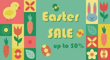 Easter sale banner with decorative spring elements, including a bunny, chick, flowers, carrots, and Easter eggs in a colorful, geometric flat design. Abstract modular banner vector