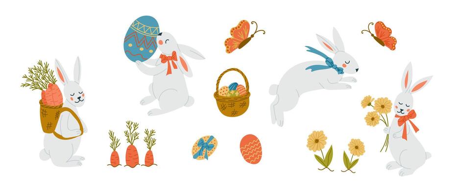 Cute Easter bunnies set with decorative eggs, carrots, flowers, butterflies, and a basket, illustrated in a flat cartoon style, perfect for holiday designs, greeting cards, and spring decorations