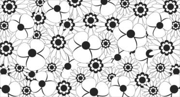 Dense hand-drawn floral pattern in Lo-Fi aesthetic line illustration backdrop. Flowers nostalgic delicate petals, harmonious vintage botanical 2D ink outline monochrome background. Lineart vector