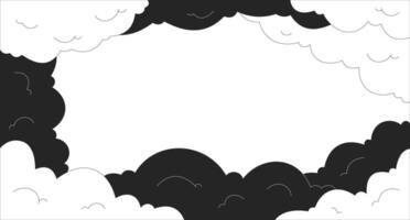 Lo-Fi aesthetic cloudy sky dreamy black white line illustration backdrop. Nostalgia and relaxation. Fluffy clouds. Minimalistic artistic cloudscape 2D ink outline monochrome background. Lineart vector