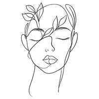 minimalist line art illustration of serene face adorned with leaves, symbolizing nature and tranquility. elegant design captures peaceful expression, blending human features with organic elements vector