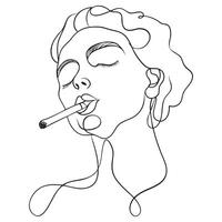 minimalist line drawing of woman smoking cigarette, showcasing elegance and calmness. artwork captures moment of introspection and style vector
