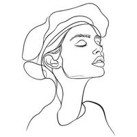 minimalist line art illustration of woman with closed eyes, wearing hat, exuding serene and contemplative expression vector