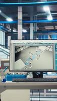 Vertical PC monitor on desk in green energy solar panels plant with CAD software used to optimize layouts. Computer program in eco friendly photovoltaics factory doing arrangements for maximum energy output video