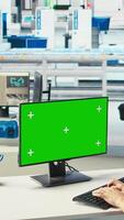 Vertical Photovoltaics factory engineer using green screen PC to adjust system parameters. Technician optimizing energy supply in solar panel manufacturing plant using chroma key computer, camera A video