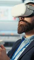 Vertical Photovoltaics factory expert using VR tech to build models of renewable energy generators. Solar panels plant technician building environmentally safe solar cells using virtual reality gear, camera B video