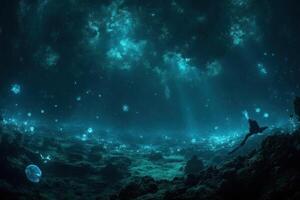 A man is swimming in the ocean under the surface of the water photo