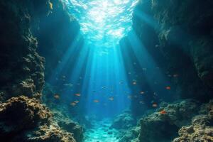 Underwater scene with rays of light shining through the water photo