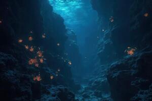 A cave with orange lights and water photo