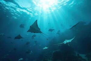 A group of stingrays swim in the ocean photo