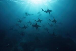 A group of sharks swimming in the ocean photo