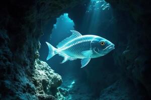 A fish swimming in a cave with sunlight coming through photo
