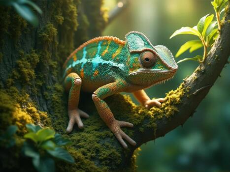 A chameleon is sitting on a tree branch photo