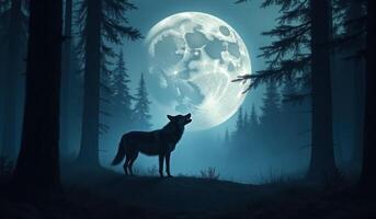 Wolf howling in the dark forest at night with full moon photo