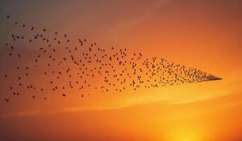 A flock of birds flying in the sky at sunset photo