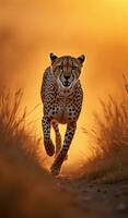 Cheetah running in the sunset photo