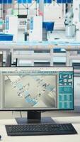 Vertical PC display used to adjust empty photovoltaics facility system parameters, increasing performance. Computer desk in solar cells manufacturing plant optimizing energy supply, dolly in shot video