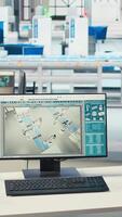 Vertical PC monitor in solar panels manufacturing plant used to study solar energy systems. Computer display on desk in empty photovoltaics factory used to improve efficiency and innovate video